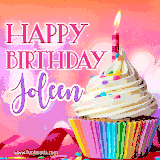 A vibrant birthday GIF featuring a rainbow-colored cupcake topped with white frosting, sprinkles, and a lit candle. The text reads 'Happy Birthday Joleen' in bold pink and violet letters with white outline.