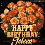 Animated bouquet of orange roses with moving butterfles and golden 'Happy Birthday Joleen' text, surrounded by sparkling accents and a dark backdrop for a luxurious feel.