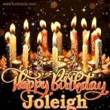 A glowing personalized birthday GIF with name Joleigh featuring lit candles with intricate designs, warm lighting, and the text 'Happy Birthday' in an elegant font.