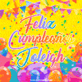 A bright and festive GIF with the text 'Feliz Cumpleaños Joleigh' in Spanish in colorful fonts, surrounded by confetti, balloons, and festive banners on a vibrant yellow background.