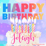 A vibrant animated name GIF with the words 'Happy Birthday Joleigh' with colorful candles on a creamy cake. The background sparkles with pastel shades, adding a festive touch.