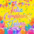 A bright and festive GIF with the text 'Feliz Cumpleaños Jolena' in Spanish in colorful fonts, surrounded by confetti, balloons, and festive banners on a vibrant yellow background.