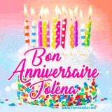 A white birthday cake covered in colorful sprinkles, topped with bright candles, and French text 'Bon Anniversaire Jolena' on a pastel gradient background in an animated GIF.