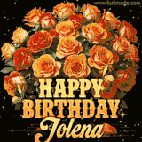 Animated bouquet of orange roses with moving butterfles and golden 'Happy Birthday Jolena' text, surrounded by sparkling accents and a dark backdrop for a luxurious feel.