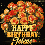 Animated bouquet of orange roses with moving butterfles and golden 'Happy Birthday Jolene' text, surrounded by sparkling accents and a dark backdrop for a luxurious feel.
