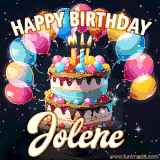 Bright birthday animation for Jolene with a chocolate cake, candles, balloons, and glowing celebratory lights.