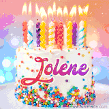 A cheerful white birthday cake with multicolor sprinkles, lit candles, and 'Jolene' written in vibrant letters, in an animated GIF.