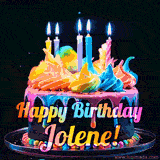 A mesmerizing animated cake with multicolor frosting and candles, and the words 'Happy Birthday Jolene' on the black background.