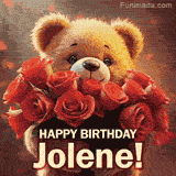 Cinematic style cute animated teddy bear with charming features holding a large bouquet of red roses, the words say 'Happy Birthday Jolene' in sans serif font.