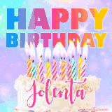 A vibrant animated name GIF with the words 'Happy Birthday Jolenta' with colorful candles on a creamy cake. The background sparkles with pastel shades, adding a festive touch.