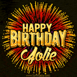Golden 'Happy Birthday Jolie' text accompanied by animated rainbow fireworks for a festive animated greeting.