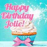 A festive cupcake with pink icing, a gingham bow, and a lit animated sparkler, paired with 'Happy Birthday Jolie!' in bright pink text.