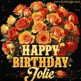 Animated bouquet of orange roses with moving butterfles and golden 'Happy Birthday Jolie' text, surrounded by sparkling accents and a dark backdrop for a luxurious feel.