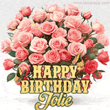 Golden 'Happy Birthday Jolie' text beneath a vibrant bouquet of orange roses, complete with glittering butterflies and sparkling details.