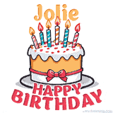Cartoon birthday cake with a red bow, glowing candles, and 'Jolie Happy Birthday' text in bold animated style.