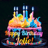 A mesmerizing animated cake with multicolor frosting and candles, and the words 'Happy Birthday Jolie' on the black background.