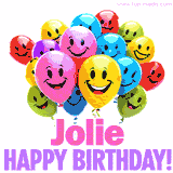 Animated colorful and joyful birthday balloons with cheerful smiles and a bright 'Happy Birthday Jolie!' message in pink and purple.