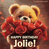 Cinematic style cute animated teddy bear with charming features holding a large bouquet of red roses, the words say 'Happy Birthday Jolie' in sans serif font.