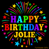 Personalized greeting card with name, colorful text that says 'Happy Birthday Jolie' surrounded by animated fireworks and multicolor stars