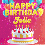 Pink-themed animated greeting with balloons, confetti, and a frosted cake under the message 'Happy Birthday Jolie' in bold rounded yellow font.