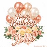 A bouquet of pastel roses and green leaves with Happy Birthday Jolie animation