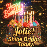 Close-up of a chocolate birthday cake with multicolored frosting swirls and colorful candy beads around the gold base. Jolie