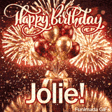 Happy Birthday text in elegant cursive script above shiny balloons and a red wrapped present with the name Jolie