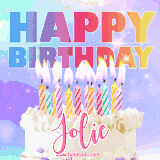 A vibrant animated name GIF with the words 'Happy Birthday Jolie' with colorful candles on a creamy cake. The background sparkles with pastel shades, adding a festive touch.