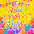 A bright and festive GIF with the text 'Feliz Cumpleaños Jolina' in Spanish in colorful fonts, surrounded by confetti, balloons, and festive banners on a vibrant yellow background.