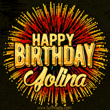 Golden 'Happy Birthday Jolina' text accompanied by animated rainbow fireworks for a festive animated greeting.