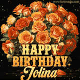 Animated bouquet of orange roses with moving butterfles and golden 'Happy Birthday Jolina' text, surrounded by sparkling accents and a dark backdrop for a luxurious feel.