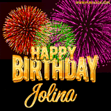 A golden 'Happy Birthday Jolina' message with vibrant fireworks in the background, creating a festive and celebratory vibe in this animated name GIF.