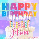A vibrant animated name GIF with the words 'Happy Birthday Jolina' with colorful candles on a creamy cake. The background sparkles with pastel shades, adding a festive touch.