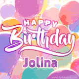 A vibrant name GIF featuring colorful balloons in shades of pink, orange, and yellow with the bold text 'Happy Birthday Jolina' in festive fonts, creating a lively birthday vibe.