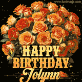 Animated bouquet of orange roses with moving butterfles and golden 'Happy Birthday Jolynn' text, surrounded by sparkling accents and a dark backdrop for a luxurious feel.