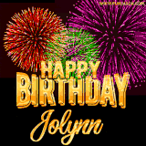 A golden 'Happy Birthday Jolynn' message with vibrant fireworks in the background, creating a festive and celebratory vibe in this animated name GIF.