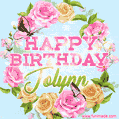 A charming animated GIF featuring 'Happy Birthday Jolynn' in pink and green text, surrounded by delicate roses, leaves, and fluttering butterflies on a soft light blue pastel background.