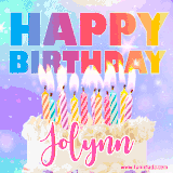 A vibrant animated name GIF with the words 'Happy Birthday Jolynn' with colorful candles on a creamy cake. The background sparkles with pastel shades, adding a festive touch.