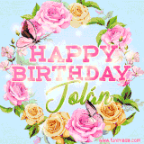 A charming animated GIF featuring 'Happy Birthday Jolán' in pink and green text, surrounded by delicate roses, leaves, and fluttering butterflies on a soft light blue pastel background.