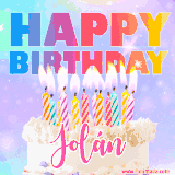 A vibrant animated name GIF with the words 'Happy Birthday Jolán' with colorful candles on a creamy cake. The background sparkles with pastel shades, adding a festive touch.