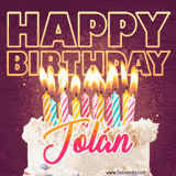 A colorful birthday cake topped with lit candles, with the words 'Happy Birthday Jolán' in bold glowing letters on a burgundy background. Animated flames add a festive touch.