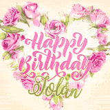 A stunning heart made of pink roses surrounds the elegant script text 'Happy Birthday Jolán' on a soft beige background. Animated sparkles add a magical and festive feel.