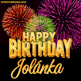 A golden 'Happy Birthday Jolánka' message with vibrant fireworks in the background, creating a festive and celebratory vibe in this animated name GIF.