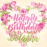 A stunning heart made of pink roses surrounds the elegant script text 'Happy Birthday Jolánka' on a soft beige background. Animated sparkles add a magical and festive feel.