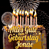 A chocolate birthday cake with glowing candles, the German text 'Alles Gute zum Geburtstag Jonae,' and vibrant fireworks lighting up the background in an animated GIF.