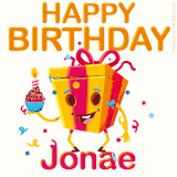 A vibrant and funny gift box character with a happy face dancing with a cupcake and the text 'Happy Birthday Jonae,' surrounded by animated confetti and party vibes.