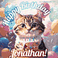 Happy birthday gif for Jonathan with cat and cake
