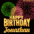 Wishing You A Happy Birthday, Jonathan! Best fireworks GIF animated greeting card.