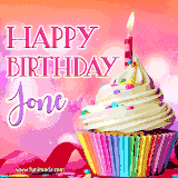 A vibrant birthday GIF featuring a rainbow-colored cupcake topped with white frosting, sprinkles, and a lit candle. The text reads 'Happy Birthday Jone' in bold pink and violet letters with white outline.