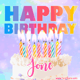 A vibrant animated name GIF with the words 'Happy Birthday Jone' with colorful candles on a creamy cake. The background sparkles with pastel shades, adding a festive touch.
